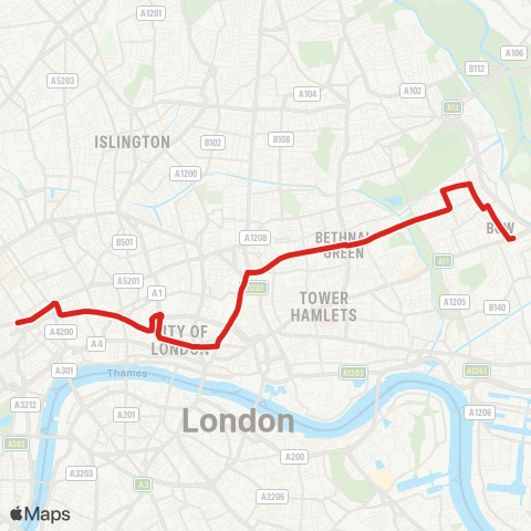 TfL Bow Church - Old Ford - Roman Rd - Bethnal Green - Shoreditch - Liverpool St - Bank - Holborn - Tottenham Court Rd map