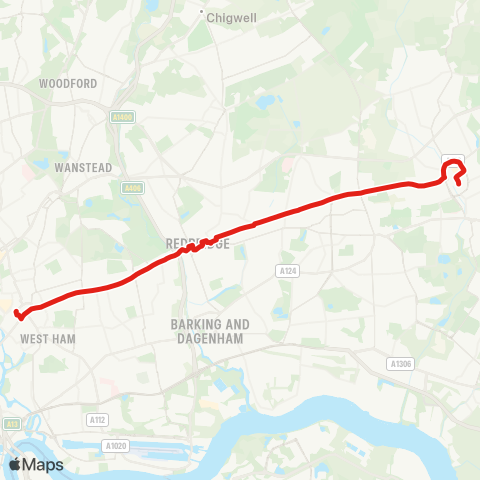 TfL Stratford - Forest Gate - Manor Pk - Ilford - Seven Kings - Chadwell Heath - Romford map