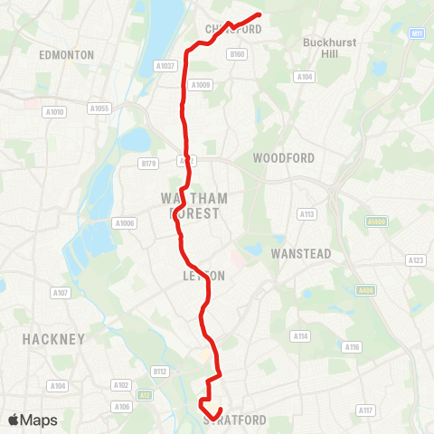 TfL Chingford Sta - Chingford Mt - Walthamstow - Leyton - Stratford City Bus Sta map