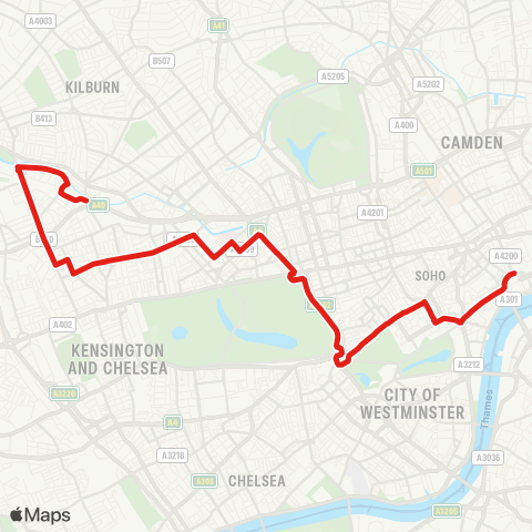 TfL Westbourne Pk - Ladbroke Grove - Paddington - Marble Arch - Green Pk - Charing Cross - Aldwych map