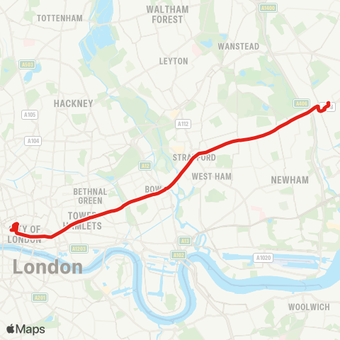 TfL Ilford - Manor Pk - Forest Gate - Stratford - Bow - Mile End - Whitechapel - Aldgate - Bank - St Paul's Sta map