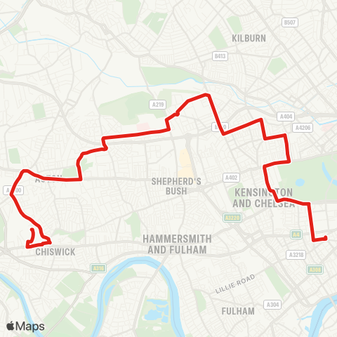 TfL Chiswick Business Pk - Acton Town - E Acton - Ladbroke Grove - Queensway - Notting Hill Gate - S Kensington map