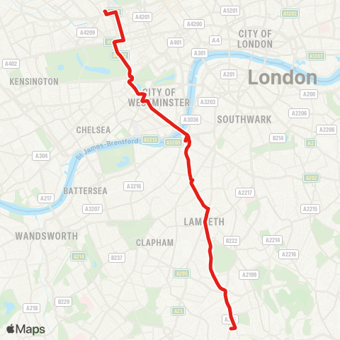 TfL Marylebone - Marble Arch - Hyde Pk Corner - Victoria - Vauxhall - Stockwell - Brixton - Tulse Hill - W Norwood map