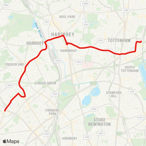 TfL Archway - Hornsey Rise - Crouch End - Turnpike Ln - W Green - Seven Sisters - Tottenham Hale map