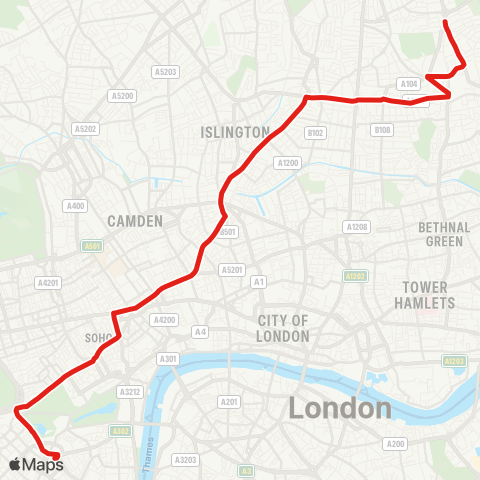 TfL Clapton Pond - Hackney Central - Essex Rd - Holborn - Victoria map