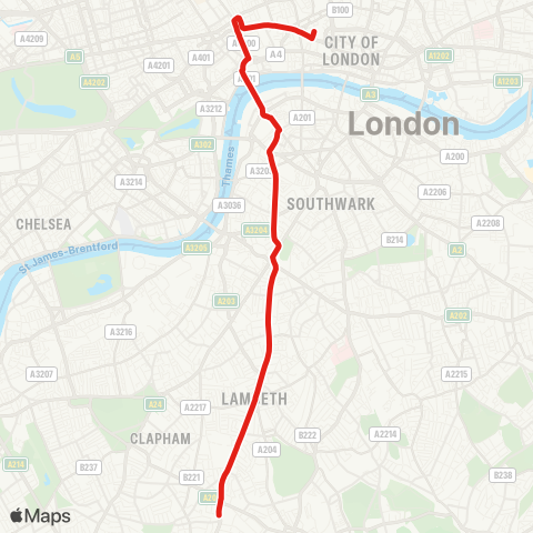 TfL Streatham Hill, Telford Av - Brixton Hill - Brixton - Kennington Pk - Lambeth N - Waterloo - Aldwych - Holborn - Bart's Hosp map