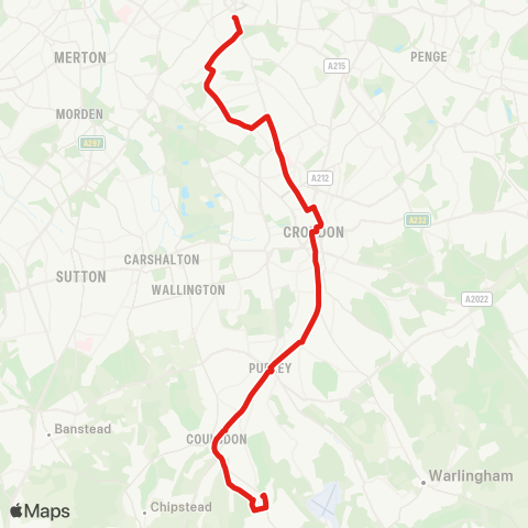 TfL Old Coulsdon - Coulsdon - Purley - S Croydon - Croydon Town Ctr - W Croydon - Croydon Univ Hosp - Thornton Heath Pond - Pollards Hill - Streatham Vale - Streatham Sta map