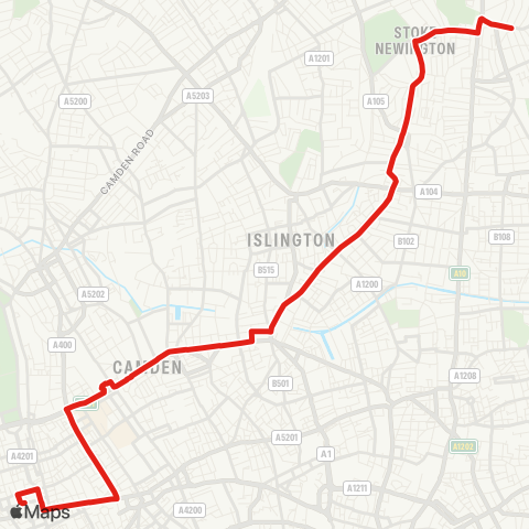 TfL Oxford Circus - Tottenham Court Rd - Euston - King's Cross - Islington Angel - Essex Rd - Mildmay Pk - Newington Green - Stoke Newington map