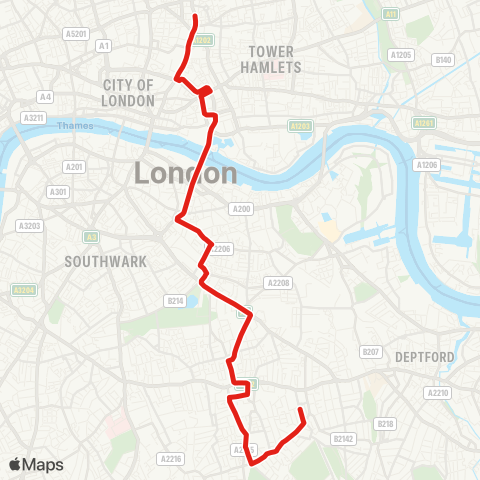 TfL Shoreditch - Liverpool St - Aldgate - Tower Bridge - Bermondsey - Peckham Pk Rd - Peckham - Peckham Rye - Nunhead map