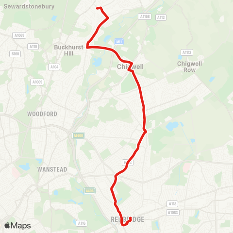 TfL Ilford - Gants Hill - Chigwell - Buckhurst Hill - Loughton map