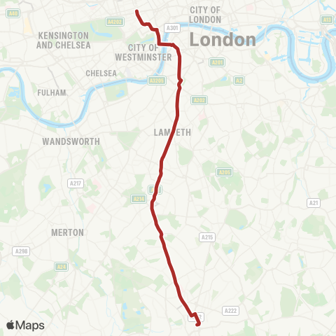 TfL Croydon Town Ctr - Thornton Heath - Norbury - Streatham - Brixton - Westminster - Oxford Circus map