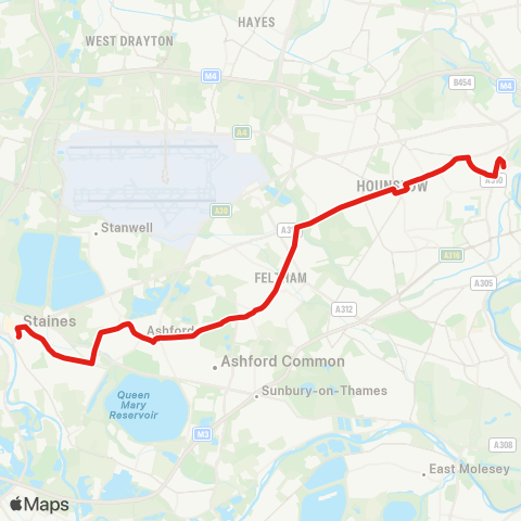 TfL W Middlesex Hosptial - Hounslow - Staines map