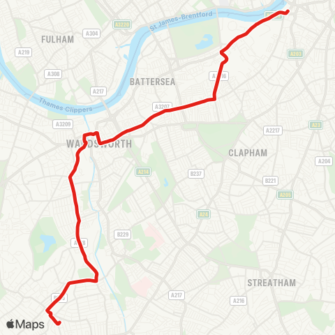 TfL Wimbledon - Wimbledon Pk - Wandsworth - Clapham Jct - Battersea Stations - Nine Elms Ln - Vauxhall map