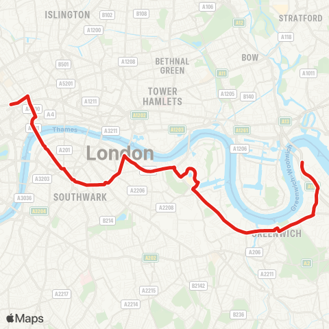 TfL N Greenwich - Greenwich - Deptford - Surrey Quays - Canada Water - Bermondsey - Elephant & Castle - Waterloo - Tottenham Court Rd Sta map