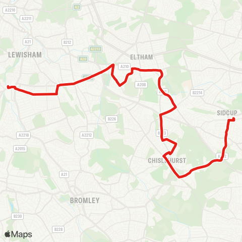 TfL Catford Bridge - Sandhurst Rd - Westhorne Av - Eltham Green - Middle Pk - Eltham - New Eltham - Chislehurst - Sidcup Sta map