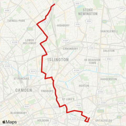 TfL Finsbury Pk Sta - Nags Head - Paradise Pk - Barnsbury - Islington Angel - St Lukes - Barbican - Moorgate - Liverpool St map