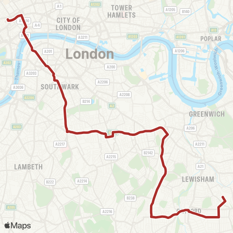 TfL Hither Green Sta - Catford - Brockley - New Cross Gate - Peckham - Camberwell - Elephant & Castle - Waterloo - Tottenham Court Rd map