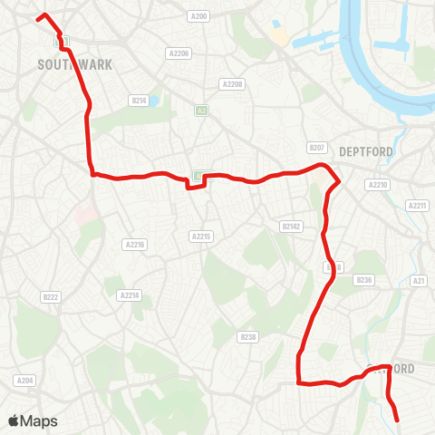 TfL Bellingham, Catford Bus Garage - Brockley - New Cross - Peckham - Elephant & Castle map