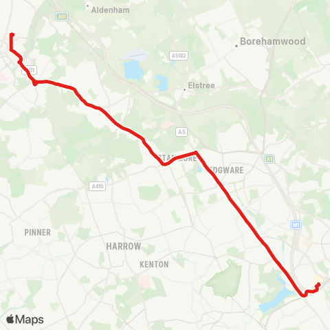 TfL Watford Jct and Town Ctr - Bushey - Bushey Heath - Stanmore Common - Stanmore - Edgware - Burnt Oak - Colindale - W Hendon - Brent Cross, Shopping Ctr map