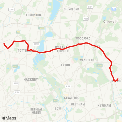 TfL Wood Green - Turnpike Ln Sta - Bruce Grove - Tottenham Hale - Blackhorse Rd Sta - Waterworks Corner - Charlie Brown's Roundabout - Gants Hill - Ilford map