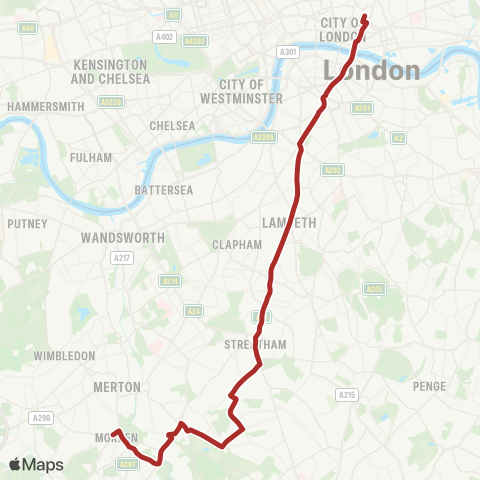 TfL Morden - Streatham - Liverpool Street map