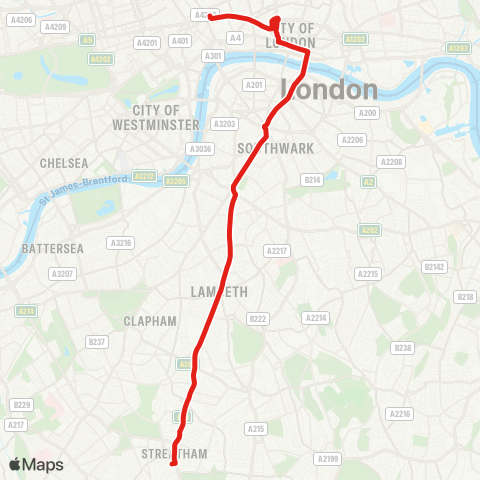 TfL Streatham Sta - Streatham Hill - Brixton - Kennington - Elephant & Castle - London Bridge - Bank - Holborn map