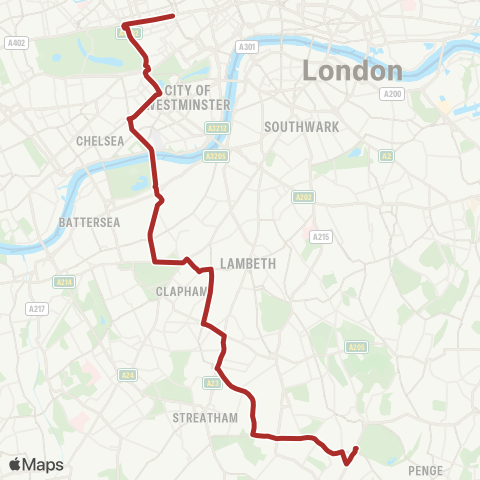 TfL Crystal Palace - Crown Point - Streatham Hill - Clapham Common - Battersea Pk - Sloane Square - Marble Arch - Oxford Circus map