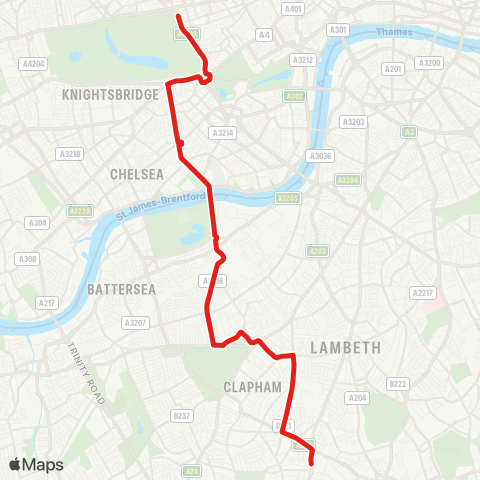 TfL Streatham Hill, Telford Av - Clapham Pk - Clapham Common - Queenstown Rd - Battersea Pk - Sloane Square - Hyde Pk Corner - Marble Arch map