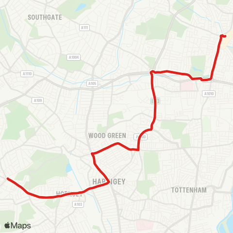 TfL Muswell Hill - Alexandra Pk - Hornsey - Turnpike Ln - Wood Green - Lordship Ln - Great Cambridge Rd - Silver St - Edmonton (Angel) - Edmonton Green map