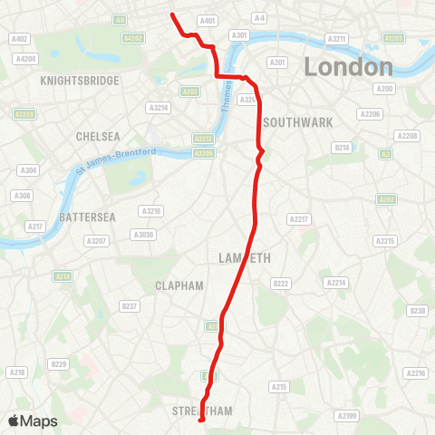 TfL Streatham Sta - Brixton - Westminster - Trafalgar Square - Oxford Circus map