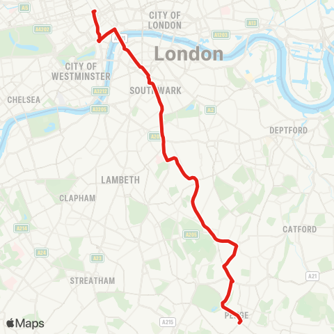 TfL Penge - Sydenham - Forest Hill - Dulwich - Camberwell - Elephant & Castle - Waterloo - Aldwych - Tottenham Court Rd map