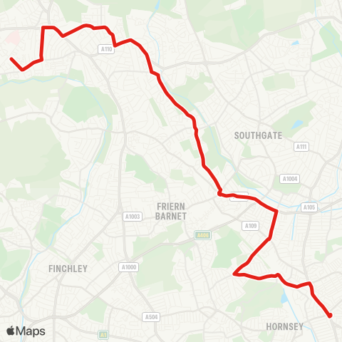 TfL Turnpike Ln Sta - Alexandra Palace Sta - Bounds Green - Arnos Grove - Brunswick Pk - Osidge - E Barnet - New Barnet - Barnet Church - Barnet, Chesterfield Rd map