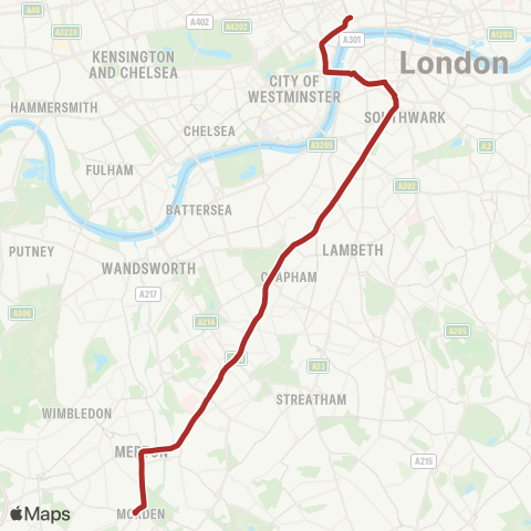 TfL Morden - Tooting Bway - Balham - Clapham Common - Stockwell - Elephant & Castle - Westminster - Trafalgar Square - Aldwych map