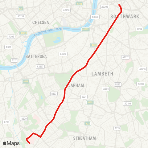 TfL Tooting, St George's Hosp - Tooting Bec - Balham - Clapham S, Common and N - Stockwell - Oval - Kennington - Elephant & Castle map