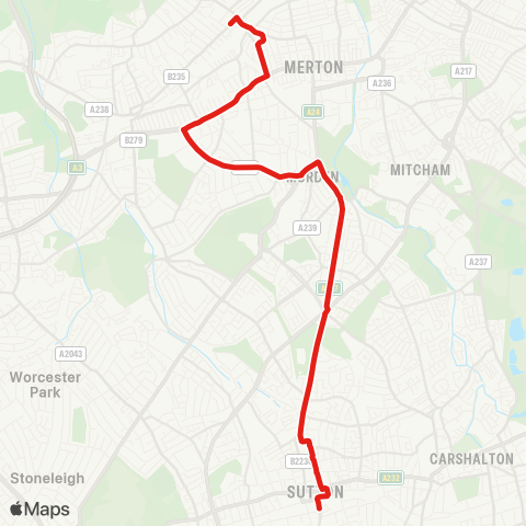 TfL Sutton Sta - Rose Hill - St Helier - Morden - S Merton Sta - Martin Way - Wimbledon Chase - Wimbledon map