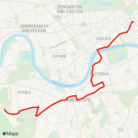 TfL Roehampton, Danebury Av - Putney Heath - Wandsworth - Clapham Jct - Battersea - Victoria map