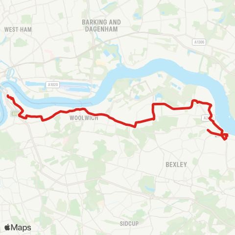 TfL Erith, Fraser Rd - Erith - Church Manorway - Belvedere Industrial Area - Thamesmead E - Abbey Wood - Plumstead - Woolwich - New Charlton - N Greenwich map