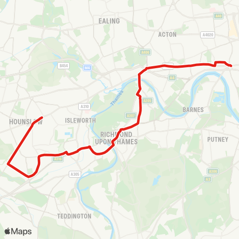 TfL Hounslow, Bus Sta - Whitton - St Margarets - Richmond - Kew Gardens - Chiswick High Rd - Hammersmith map