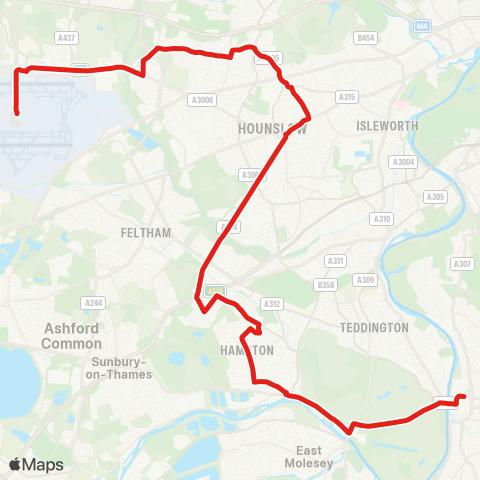 TfL Heathrow Central - Harlington Corner - Cranford - Heston - Hounslow - Hanworth - Hampton - Kingston map