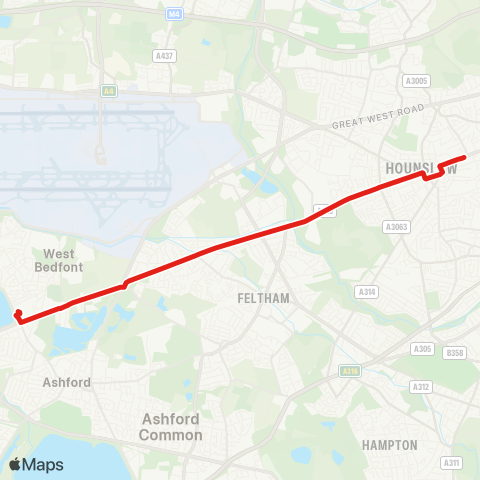 TfL Ashford Hosp - Bedfont Green - Hounslow Heath - Bell Corner - Hounslow, Bus Sta map