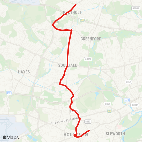 TfL Hounslow, Bus Sta - Hounslow Central - Heston - Norwood Green - Southall - Lady Margaret Rd - Yeading White Hart - Northolt Sta map