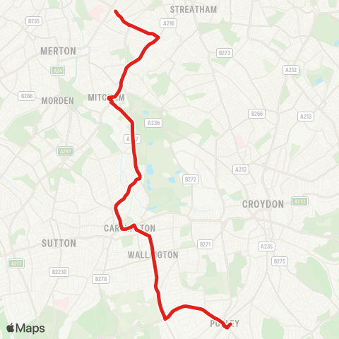 TfL Purley - Wallington - Mitcham - Tooting Bway map