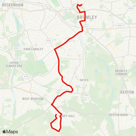 TfL Bromley N - Bromley S - Westmoreland Rd - Pickhurst Ln - Hayes Sta - Coney Hall map