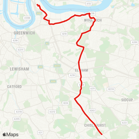 TfL Chislehurst - Mottingham - Eltham - Queen Elizabeth Hosp - Woolwich - Charlton - N Greenwich map