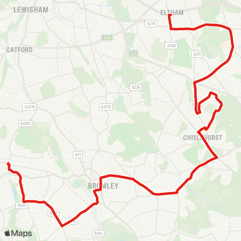 TfL Beckenham Jct - Pk Langley - Bromley - Chislehurst - New Eltham - Eltham Sta map