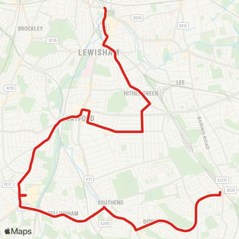 TfL Lewisham Sta - Hither Green - Catford - Bell Green - Lower Sydenham - Southend Ln - Downham - Grove Pk map