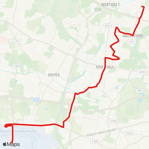 TfL Greenford Sta - Greenford Bway - Southall Town Ctr and Sta - Harlington Corner - Heathrow Central map