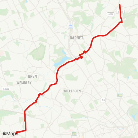 TfL Ealing Bway - Madeley Rd - N Ealing Sta - Hanger Ln - Stonebridge Pk - Neasden - Brent Cross - Henlys Corner - N Finchley, Tally Ho! map