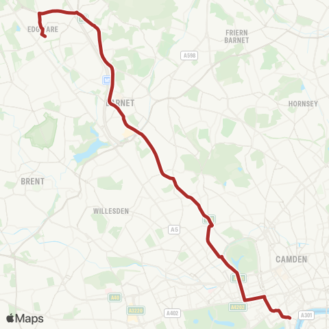 TfL Edgware Sta - Apex Corner - Hendon Central - Finchley Rd - Baker St - Oxford Circus - Trafalgar Square map
