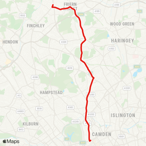 TfL N Finchley - Friern Barnet - Colney Hatch Ln - Muswell Hill - Highgate Sta - Archway - Tufnell Pk - Kentish Town - Camden Town - Warren St map